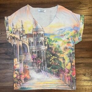 Vintage Y2K 90s‎ Graphic Tee Rhinestone Short Sleeve Knit Boho Artsy Cottagecore